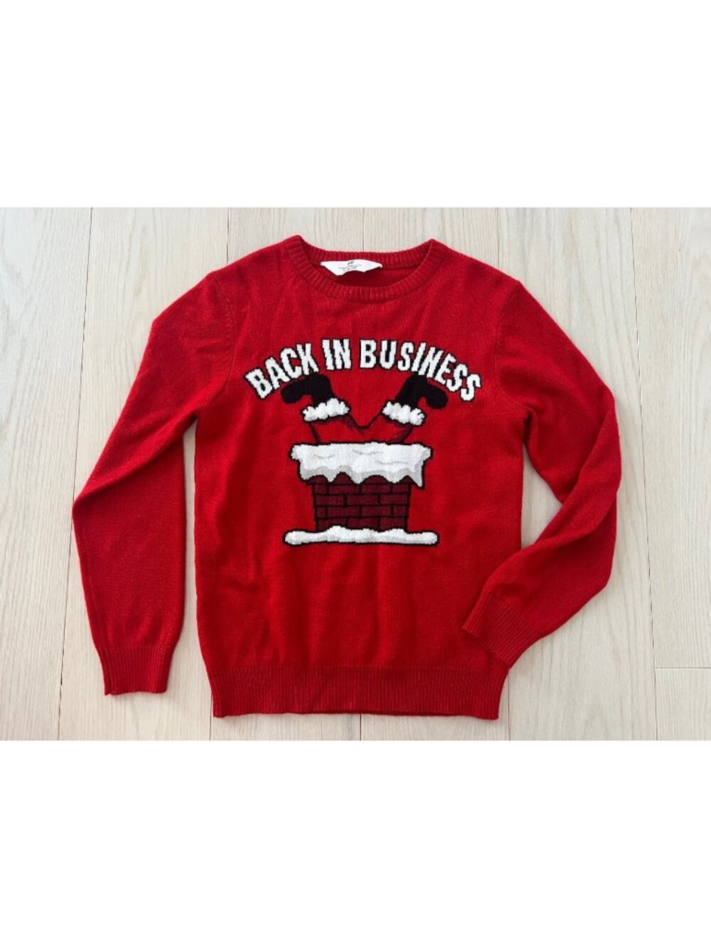 H&M Kids Back in Business Santa Boots Holiday Christmas Sweater Red ( 8-10 yrs )